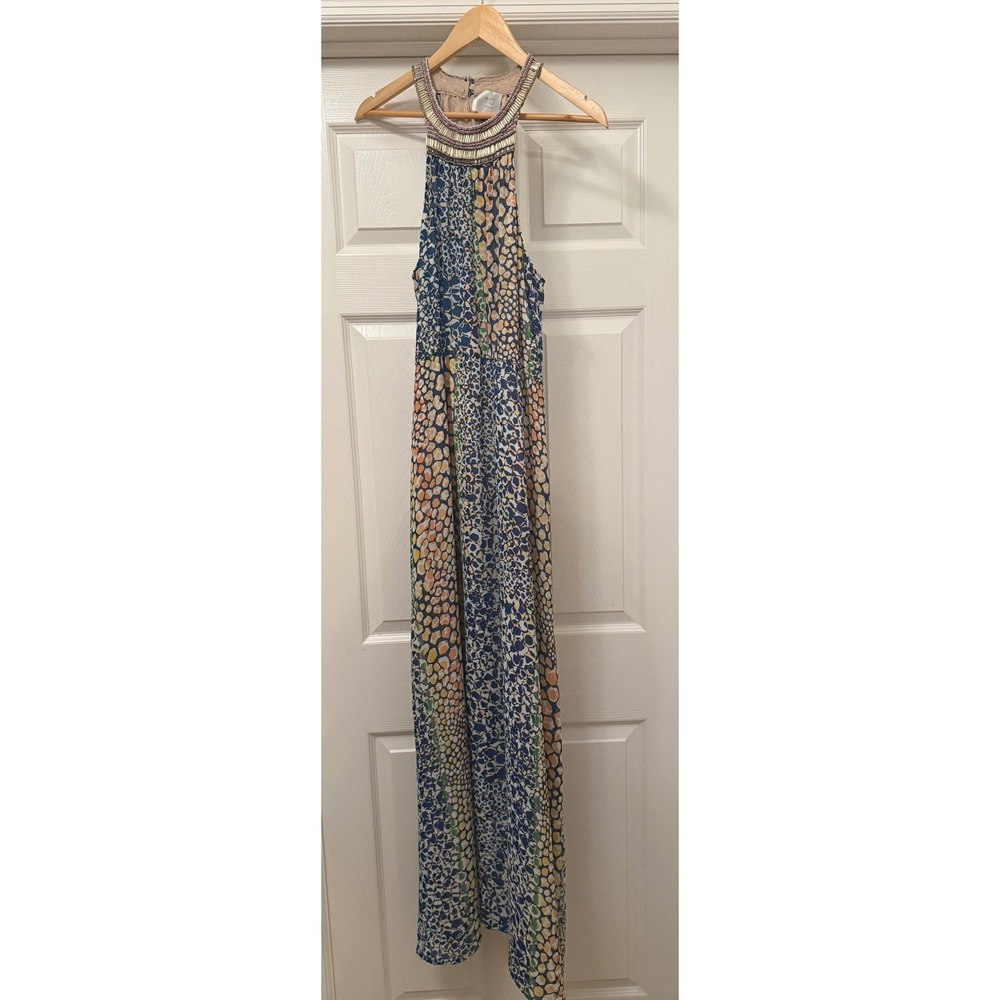 HD in Paris Maxi Dress Womens 12 Multicolor Beaded Halter Abstract Print Boho